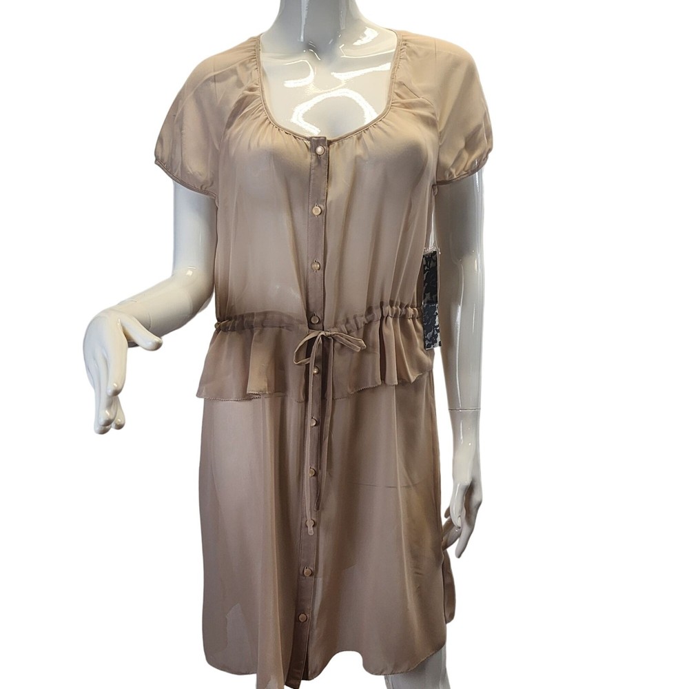 Sheer Button-Down Dress With Drawstring Waist & Ruffle Hem Size 6 Kensie NWT