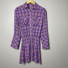 Free People Milo Pink Blue Plaid Mini Dress Button Front Size XS Elastic Waist