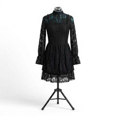 EillyBazar Women’s S Black Floral Lace High Neck Bell Sleeve A-Line Short Dress