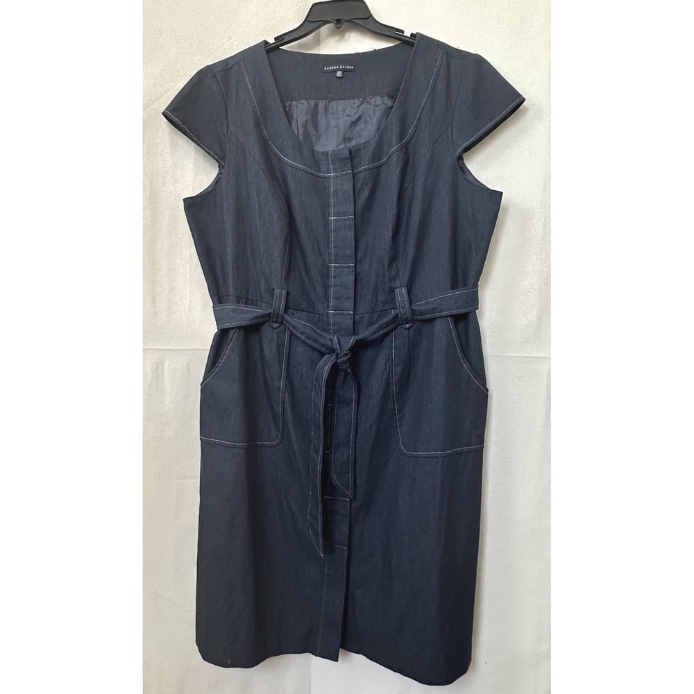 Sandra Darren Minimalist Blue Dark Wash Denim Belted Sheath Dress 18W Cap Sleeve