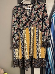 UMGEE Multicolor Floral Boho Babydoll V-Neck Long Sleeve Short Dress M