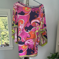 Trina Turk Pink Purple Orange Green Paisley Shift Bell Sleeve Short Dress S