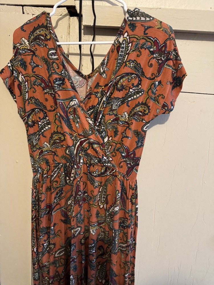 Haute Mama Orange Paisley V-Neck Short Sleeve Maxi Dress/long pants Pockets M