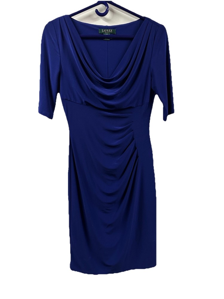 Ralph Lauren Blue Dress Size 2 Gathered Sides Cowl Neck Elbow Sleeves