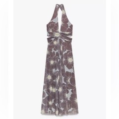 Zara Womens Floral Tulle Halter Maxi Dress Cut Out Open Back Mauve Size L