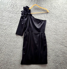 Vintage Review Pencil Dress Size 10 Black Satin One Shoulder 3/4 Sleeve Ruffle