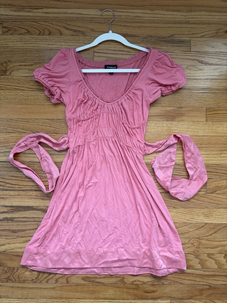 bebe Pink Solid Scoop Neck Ruched Puff Sleeve Tie Waist Short Dress S