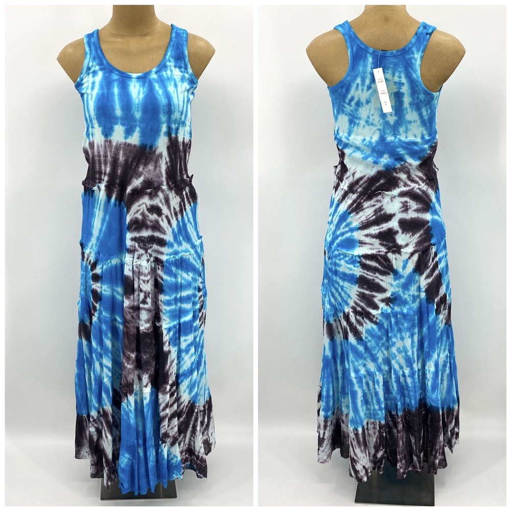 New! Solitaire 100% Cotton Long Maxi Dress Tie Dye Blue Sleeveless