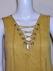 TBH Stretch Knit Dress Medium Sun Wash Mustard Yellow Lace Up Neckline Stretch