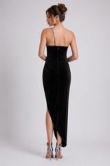 BCBGMAXAZRIA SIZE 8 Black Asymmetrical Hem Velvet Jewel Dress Gown NEW