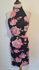 KAREN MILLEN – Black & Pink Floral Patterned Halter Neck Bodycon Dress Size 10
