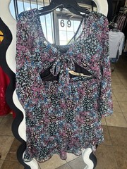 Rewind Black Multicolor Floral Chiffon Mini Dress V-Neck Tie Ruffle XL