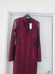 Karen Millen Sparkle Bandage Knit Long Sleeve Midi Dress Uk S 8 10 Burgundy