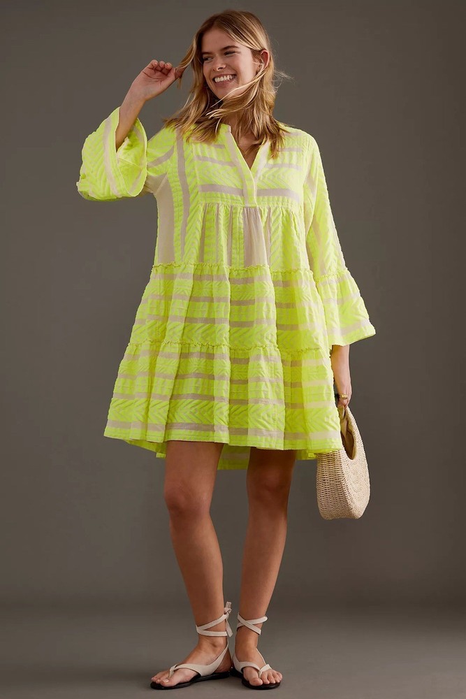 Devotion XS Twins Ella Neon Yellow Flared-Sleeve Tiered A-Line Mini Dress