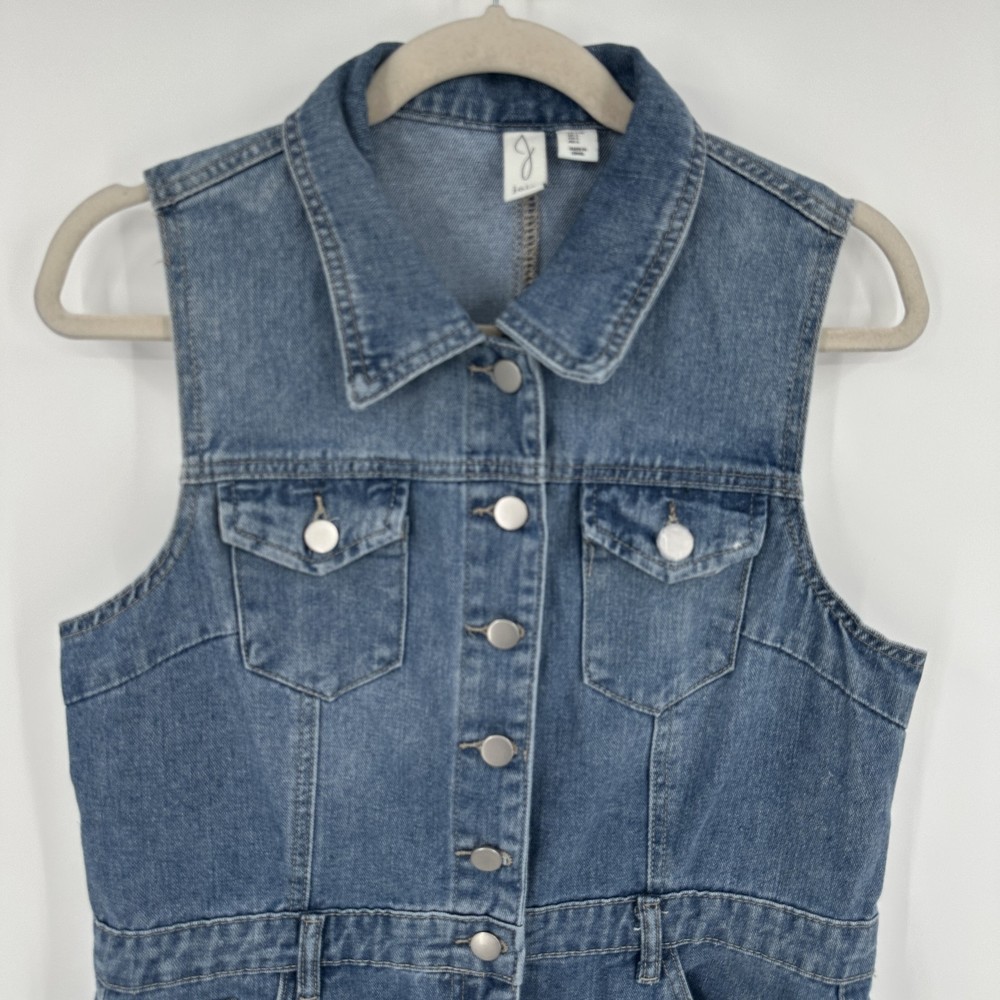 Joie Dress Womens Large Blue Denim Sleeveless Snap Button Pockets Frayed Hem
