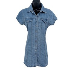 Vtg Denim Shirt Mini Dress Y2K Button Front Fitted Western 90s Structured Size M