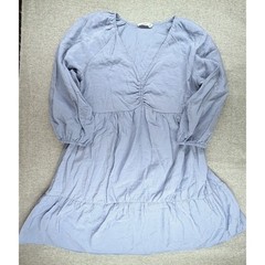 Mango MNG Periwinkle Blue Tiered Puff Sleeve V-Neck Babydoll Mini Dress Medium