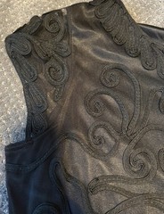Damee Inc Black Soutache Lace Dress Size 14 VTG Midi Sheer Stretch Short Sleeve
