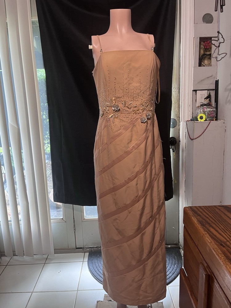 ASPEED Beige Satin Beaded Formal Maxi Dress Sleeveless Strappy Straight Neck L