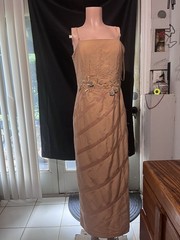 ASPEED Beige Satin Beaded Formal Maxi Dress Sleeveless Strappy Straight Neck L