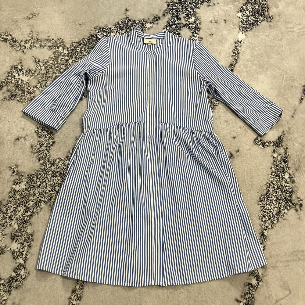 Tuckernuck Blue White Striped Poplin Tiered Shirt Dress Womens Size Small