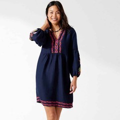 Tommy Bahama Tropical Embroidered Split-Neck Dress in Mare Navy Size L NWT