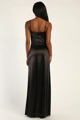 NWT Lulus Fanciful Occasions Black Satin Sleeveless Slit Maxi Dress Sz Large