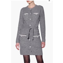 Walter Baker Grey Knit Beth Button Front Pearl Detail Belted Cardigan Dress LG