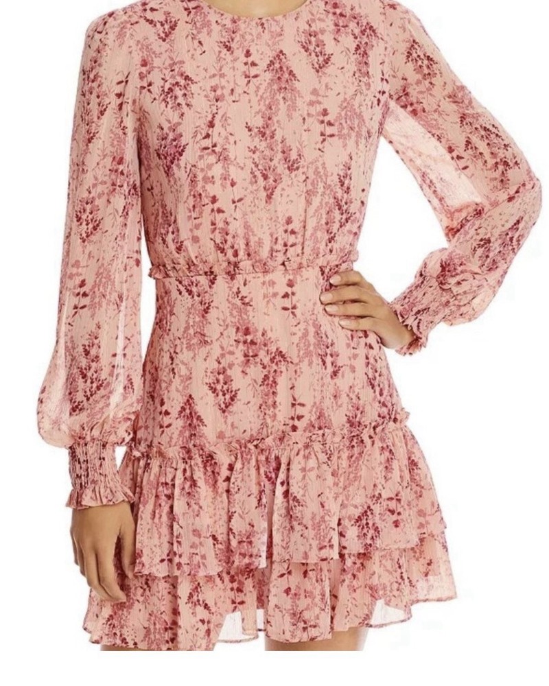 Aqua Pink Floral Ruffled Long-Sleeve Mini Dress Size XS