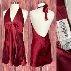 Fredricks of Hollywood Red Satin Halter Mini Dress Y2K Open Back Slip Dress L