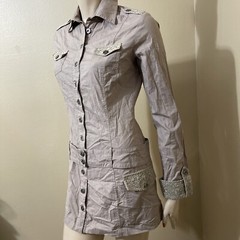 Women’s Beige Cotton Casual Collared Belted Lace Pickets Size S Button-up Dress