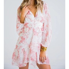 NWT KARLIE Floral Chiffon Cream Light Pink Dress Mini Ruffle Tier Women&rsquo;s Size S
