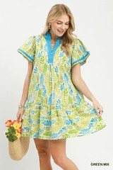 Umgee Leaf Print Flutter Sleeve Tiered Mini Dress – Green Mix – Large