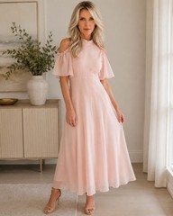 Monsoon Pink Chiffon Mona Angel Sleeve Maxi Dress Size 6