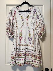 CeCe Floral Linen Blend Puff Sleeve Mini Dress Medium Pockets