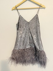 Cinq à Sept Silver Sequin Feather Hem V-Neck Strappy Mini Dress Zip Size 2