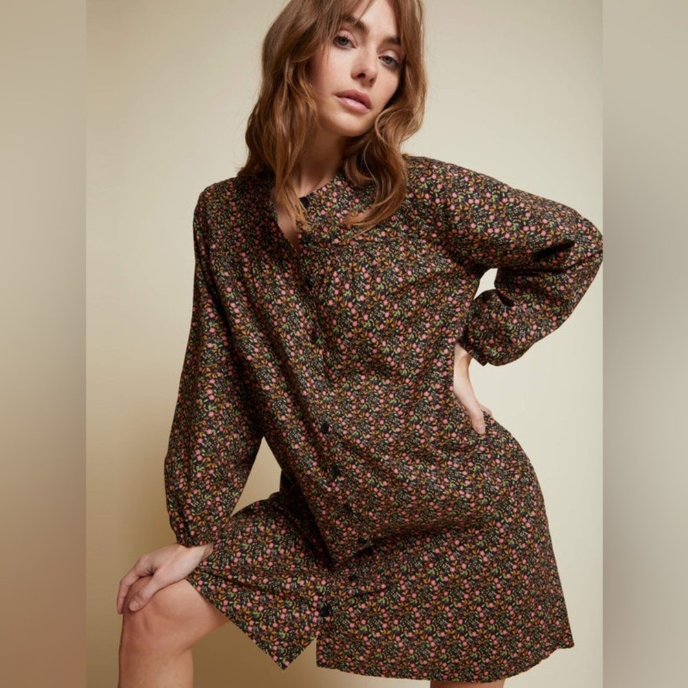 Nation Ltd Black Pink Green Floral Print Cotton Malena Dress Size Medium