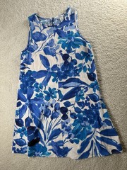 London Times Dress Women Medium Linen Blend Blue Floral Tank Sundress Hawaiian