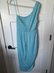 Do+Be Blue One Shoulder Ruched Draped Knee Length Bodycon Dress S Zip