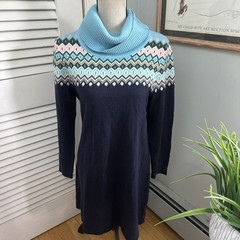 Talbots Sweater Dress Womens Medium Blue Fair Isle Turtleneck Preppy Classic