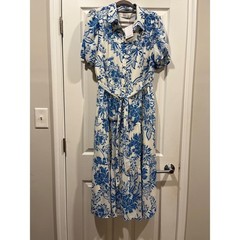 Tinsel Blue White Floral Toile Button Down Tiered Midi Shirt Dress Petite Large