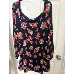 JUSTFAB Navy Blue Floral Square Neck Long Sleeve Mini Dress Women&rsquo;s Size XXL