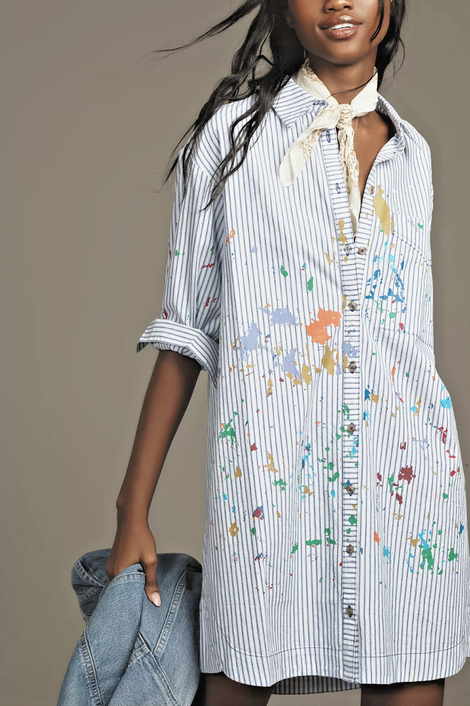NWT ANTHROPOLOGIE PILCRO PAINT SPLATTER LONG-SLEEVE SHIRT DRESS BLUE STRIPE S