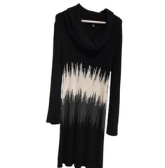 Women’s Black White Gray Abstract Ribbed Knit Cowl Neck Sweater Dress L