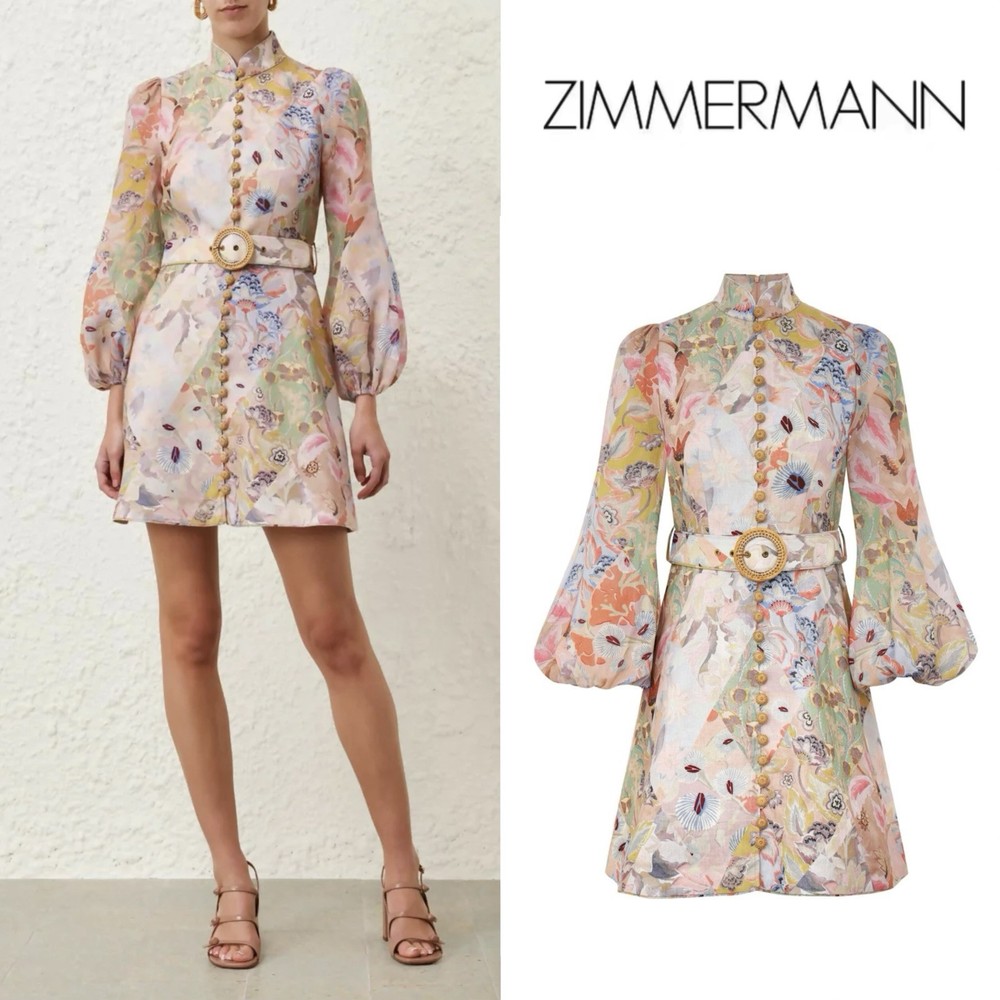 NWOT $950 Zimmermann Illustration Buttoned Belted Floral Linen Mini Dress AU0 XS