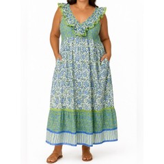Bella Tu Ruffle Resortwear Cotton Blue & Green Floral Midi Dress Size Large