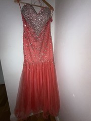 CHICAS USA Peach Beaded Sequin Sweetheart Mermaid Long Dress Strap M