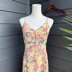 H&M Yellow Tropical Floral Button Front Maxi Dress Front Slit Cami Size 6