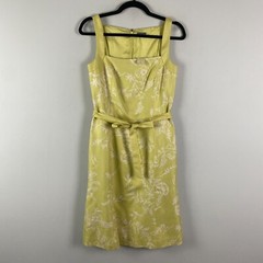Ann Taylor Silk Dress Sz 4 Yellow Green Floral Tie Waist Square Neck Sleeveless