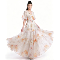 Beading Belt Vintage Floral Print Keyhole Neck Women Casual Pleated Maxi Dresses
